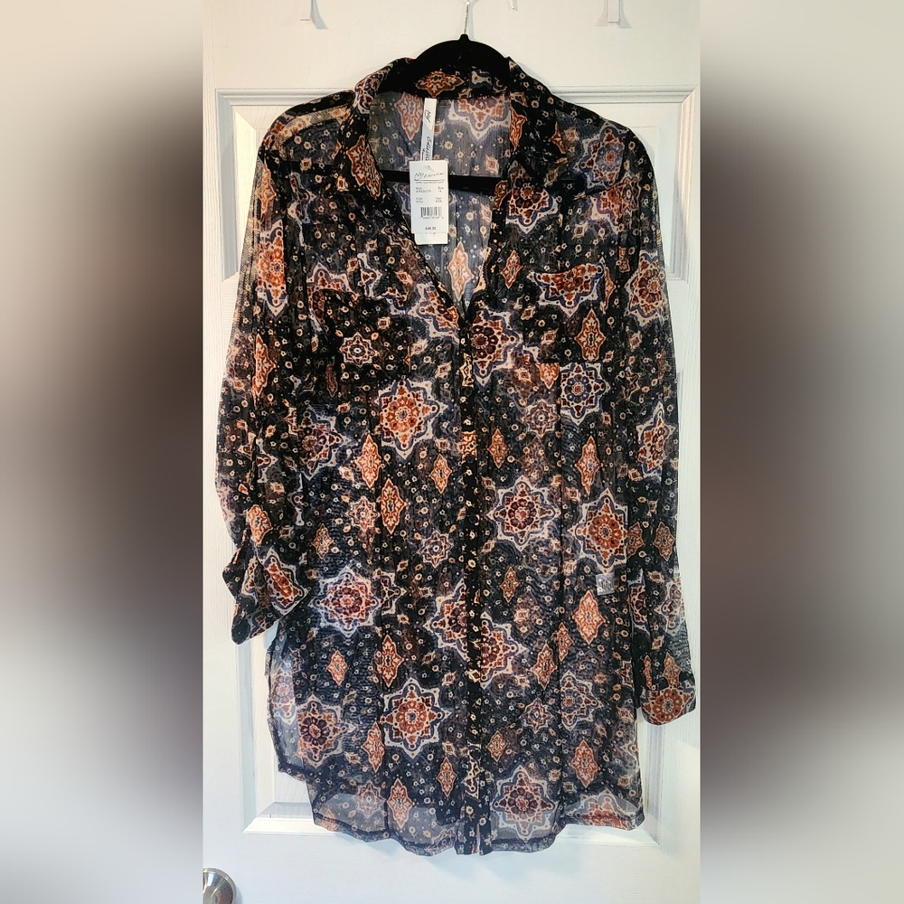 NWT NY Collection navy blue mesh blouse size 1x